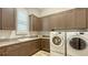 Well-appointed laundry room with washer, dryer, granite counters, and custom cabinets at 7665 Haddington Cv, Bradenton, FL 34202