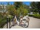 Community bike rack featuring several white bikes, foliage and flowers at North River Ranch, Florida at 8985 Royal River Cir, Parrish, FL 34219
