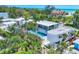 Stunning aerial view of the home with a sparkling pool and lush tropical landscaping at 1168 Westway Dr, Sarasota, FL 34236