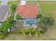 Aerial view of a single-Gathering home featuring a screened-in pool, surrounded by palm trees and lush landscaping at 25324 Alicante Dr, Punta Gorda, FL 33955