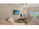Open living room with a large, comfortable sectional sofa and access to the outdoor patio at 6435 165Th E Dr, Parrish, FL 34219