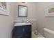 Modern powder room featuring a blue vanity, toilet, and wainscoting at 7211 Pasadena Gln, Lakewood Ranch, FL 34202