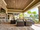 Inviting outdoor lounge with comfortable seating, a fireplace, a wood ceiling, and views of the pool and palm trees at 17612 Northwood St, Lakewood Ranch, FL 34202