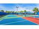 Vibrant pickleball courts with colorful surfaces, lighting, and lush landscaping against a bright blue sky at 17612 Northwood St, Lakewood Ranch, FL 34202