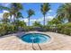 Private hot tub with clear blue water is surrounded by lush tropical foliage and paved patio at 19023 Mangieri St, Venice, FL 34293