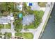 Aerial view of a house featuring a backyard pool and waterfront access at 2401 Riverview Blvd, Bradenton, FL 34205