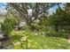 Green backyard with lush foliage, stone path, and mature trees at 2401 Riverview Blvd, Bradenton, FL 34205