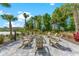Relaxing fire pit area surrounded by Adirondack chairs and palm trees, perfect for social gatherings at 5711 Archipelago St, Nokomis, FL 34275