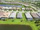 Aerial view featuring multiple houses situated around a lake, providing a picturesque residential setting at 7758 Summerland Cv, Bradenton, FL 34202