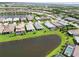 Stunning aerial view of lakeside homes with private pools in a meticulously landscaped community at 7758 Summerland Cv, Bradenton, FL 34202