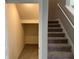 A view of an under-stairs storage area and a carpeted staircase with a white banister at 17637 Cantarina Cv, Bradenton, FL 34211