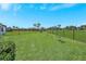 Spacious backyard featuring a lush lawn, a dark metal fence, and young trees at 6219 Golden Nettle Dr, Apollo Beach, FL 33572