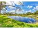 Scenic pond view with bright green grass and a bridge, set against a backdrop of a beautiful blue sky at 7133 Dornough Ln, Bradenton, FL 34202