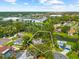 Aerial of home with view of mature trees, pool and surrounding businesses for easy shopping at 8240 Cypress Lake Dr, Sarasota, FL 34243
