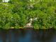 Scenic aerial view of a wooden dock overhanging a tranquil lake and surrounded by dense, lush trees at 8240 Cypress Lake Dr, Sarasota, FL 34243