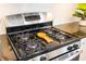 Close-up of a stainless steel gas range featuring four burners and elegant black enamel grates at 12261 Stuart Dr, Venice, FL 34293