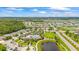 Aerial view shows the community pool, playground, green space, roundabout, and homes in the neighborhood at 226 Tapa Parish Run, Bradenton, FL 34212