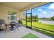 Covered patio with outdoor furniture and scenic view of the backyard pond at 226 Tapa Parish Run, Bradenton, FL 34212