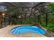 A sparkling blue pool inside a screened lanai with lush landscaping at 3217 Oak Grove Dr, Sarasota, FL 34243