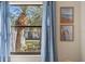 Bright window view with palm trees and tropical scenery, accentuated by elegant blue curtains and coastal art at 4411 46Th W Ave # 201, Bradenton, FL 34210