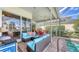 Covered patio featuring dining set, plush seating, and a poolside view at 4735 Starboard Dr, Bradenton, FL 34208