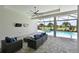Covered patio featuring outdoor seating, TV, fan, and a stunning view of the pool and backyard at 17110 Verona Pl, Bradenton, FL 34202
