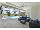 Inviting covered patio with comfortable seating, overlooking a beautiful pool and serene outdoor space at 17110 Verona Pl, Bradenton, FL 34202