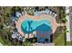Aerial view of a uniquely shaped pool with surrounding lounge area and beautiful landscaping at 17209 Barnwood Pl, Bradenton, FL 34211