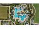 Aerial view of a resort-style pool surrounded by lush landscaping, sun loungers, and shaded seating areas at 17209 Barnwood Pl, Bradenton, FL 34211