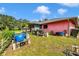 Exterior view of home backyard featuring lush landscaping, patio at 4145 W Price Blvd, North Port, FL 34286