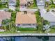 Aerial view of a waterfront property with a private pool, screened lanai, and dock on a canal at 584 Mast Dr, Bradenton, FL 34208