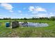 A picturesque pond, dock, and grassy field at 6805 225Th E St, Bradenton, FL 34211