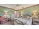 Comfortable bedroom with carpeted floors, ceiling fan, and floral wallpaper at 7426 Weeping Willow Blvd, Sarasota, FL 34241