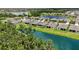 A serene backyard view with a well-kept lawn, a screen, and a community pond offering a relaxing outdoor space at 13804 Woodbridge Ter, Lakewood Ranch, FL 34211