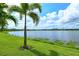 Expansive backyard featuring lush grass and a serene lake view, perfect for outdoor activities and relaxation at 17320 Polo Trl, Bradenton, FL 34211
