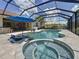 Inviting screened-in pool and spa area with an umbrella and outdoor seating, perfect for relaxation and entertainment at 336 165Th Ne Ct, Bradenton, FL 34212