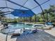 A stunning screened-in pool and spa featuring lounge chairs, a blue umbrella, and lush greenery at 336 165Th Ne Ct, Bradenton, FL 34212