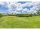 Spacious backyard with lush green grass and partial view of the home's screened porch, complemented by mature landscaping at 336 Highland Shores Dr, Ellenton, FL 34222