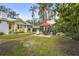 Spacious backyard featuring a dining table with umbrella, lawn, and lush tropical landscaping for privacy at 403 29Th Nw St, Bradenton, FL 34205