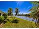 Backyard featuring lush green lawn, mature palm trees, and serene waterfront views at 564 Spanish N Dr, Longboat Key, FL 34228