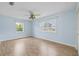 Blue bedroom featuring wood-look flooring, two windows and a ceiling fan with overhead lighting at 6103 6Th Nw Ave, Bradenton, FL 34209