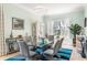 Light filled dining room featuring a glass table, modern chandelier, and unique blue and black rug at 7521 Aralia Way, Seminole, FL 33777