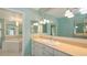 A light-filled bathroom has a large mirror over a sink and vanity with views to the tub at 7604 Weeping Willow Cir, Sarasota, FL 34241