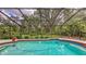 Beautiful pool with screened-in enclosure, complemented by landscaped yard at 7604 Weeping Willow Cir, Sarasota, FL 34241