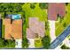 Aerial view of home with lush backyard, screened pool, and mature landscaping at 7727 Heyward Cir, University Park, FL 34201