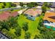 A well-maintained backyard with lush green lawn and mature trees offer privacy at 7727 Heyward Cir, University Park, FL 34201