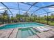 Beautiful screened-in pool with a spa, surrounded by lush tropical landscaping for ultimate privacy at 11422 Apple Tree Cir, Bradenton, FL 34211