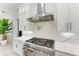 Close-up of professional-grade stainless steel stove and range hood with marble backsplash at 12814 Daisy Pl, Bradenton, FL 34212