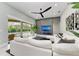 Modern living room featuring a large TV, sleek fireplace, and access to the outdoor pool area at 12814 Daisy Pl, Bradenton, FL 34212