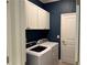 Modern laundry room with blue walls, white cabinets, and side-by-side washer and dryer at 16087 Sunny Day Dr, Bradenton, FL 34211